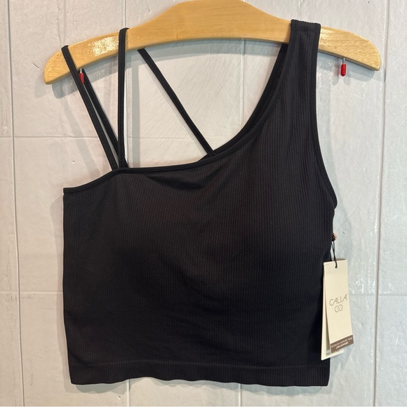 CALIA by Carrie Underwood Tops - CALIA by Carrie Underwood Black One Shoulder Low Support Brami Ribbed Tank